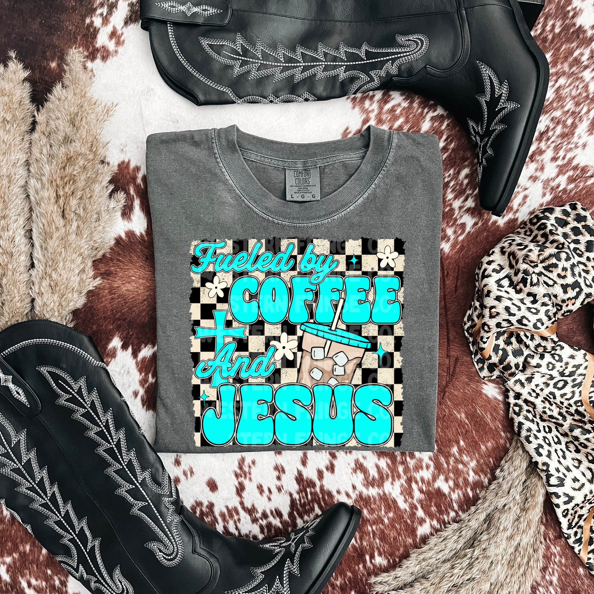 Fueled By Iced Coffee & Jesus Graphic T-Shirt | Crewneck | Turquoise Version