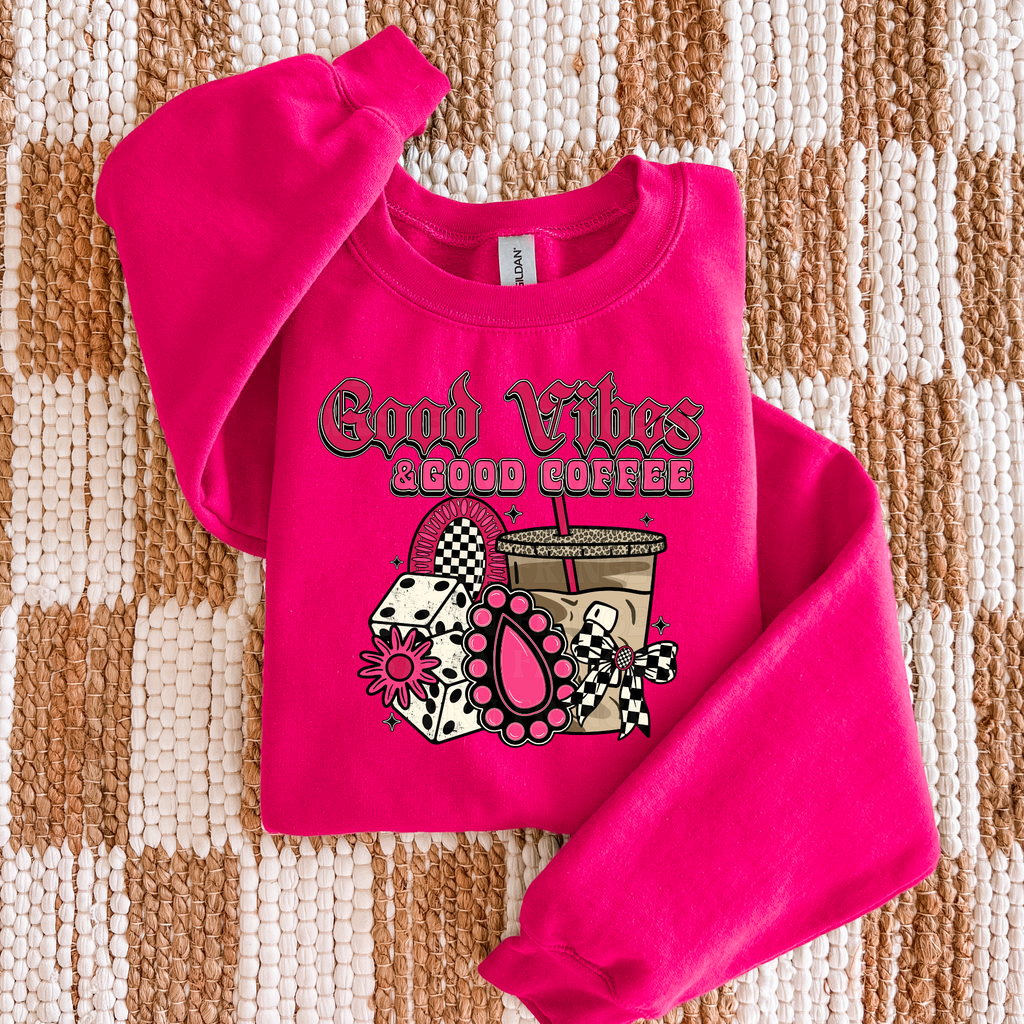 Good Vibes And Good Coffee Graphic T-Shirt | Crewneck | Hot Pink Version