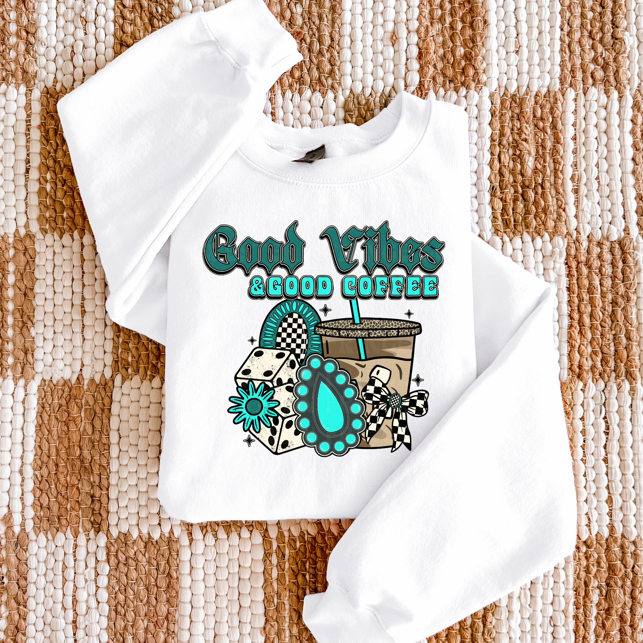 Good Vibes And Good Coffee Graphic T-Shirt | Crewneck | Turquoise Version