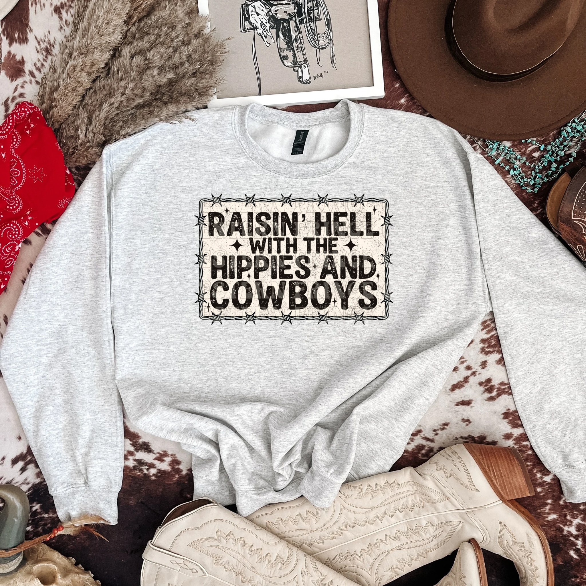 Raisin’ Hell With The Hippies And Cowboys Graphic T-Shirt | Crewneck