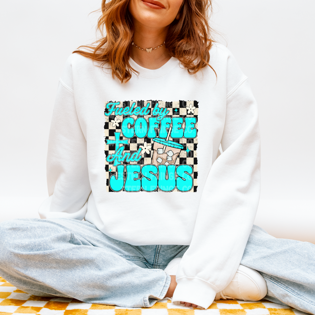 Fueled By Iced Coffee & Jesus Graphic T-Shirt | Crewneck | Turquoise Version