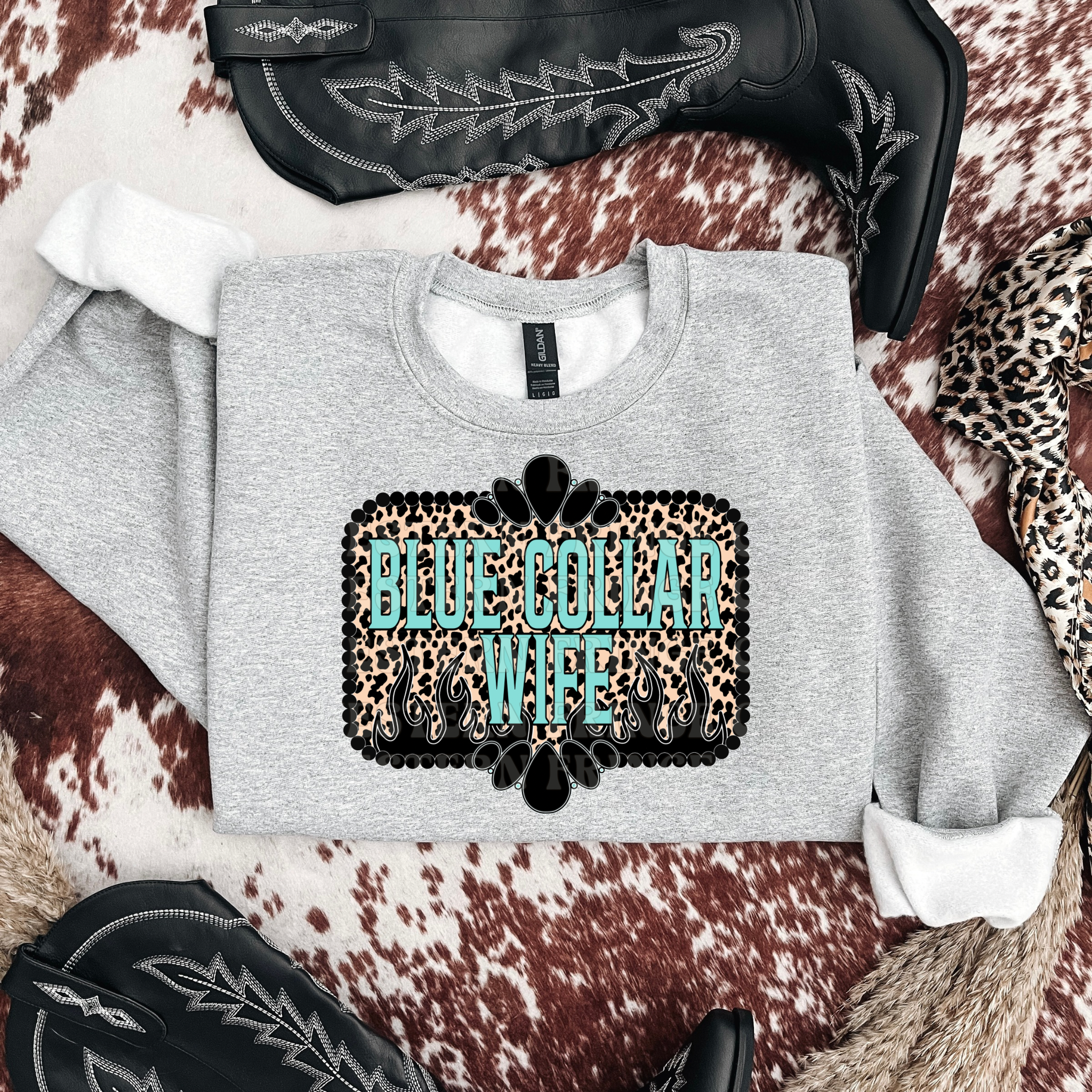 Blue Collar Wife Leopard Graphic T-Shirt | Crewneck