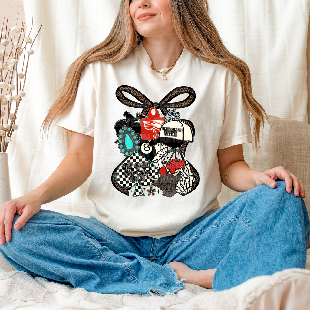 Retro Blue Collar Collage Graphic T-Shirt | Crewneck | Livin' On That Blue Collar Dollar | Blue Collar Wife