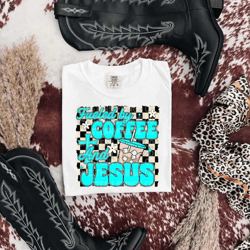 Fueled By Iced Coffee & Jesus Graphic T-Shirt | Crewneck | Turquoise Version