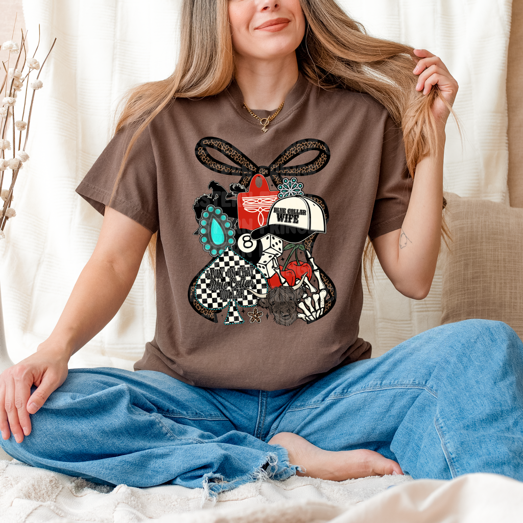 Retro Blue Collar Collage Graphic T-Shirt | Crewneck | Livin' On That Blue Collar Dollar | Blue Collar Wife
