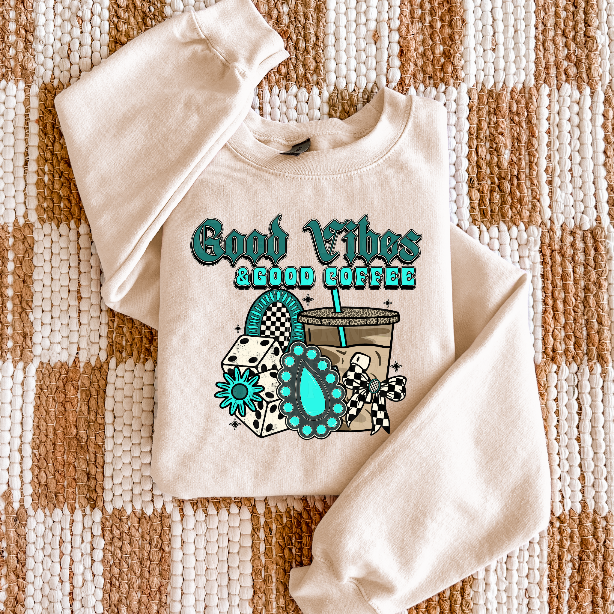 Good Vibes And Good Coffee Graphic T-Shirt | Crewneck | Turquoise Version