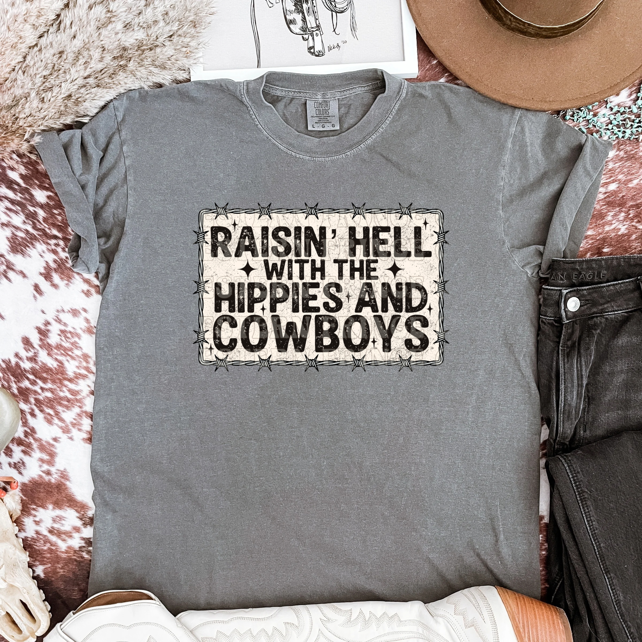 Raisin’ Hell With The Hippies And Cowboys Graphic T-Shirt | Crewneck