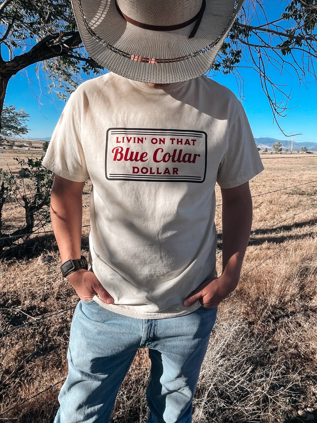 Livin' On That Blue Collar Dollar Graphic T-Shirt | Crewneck | Red Version