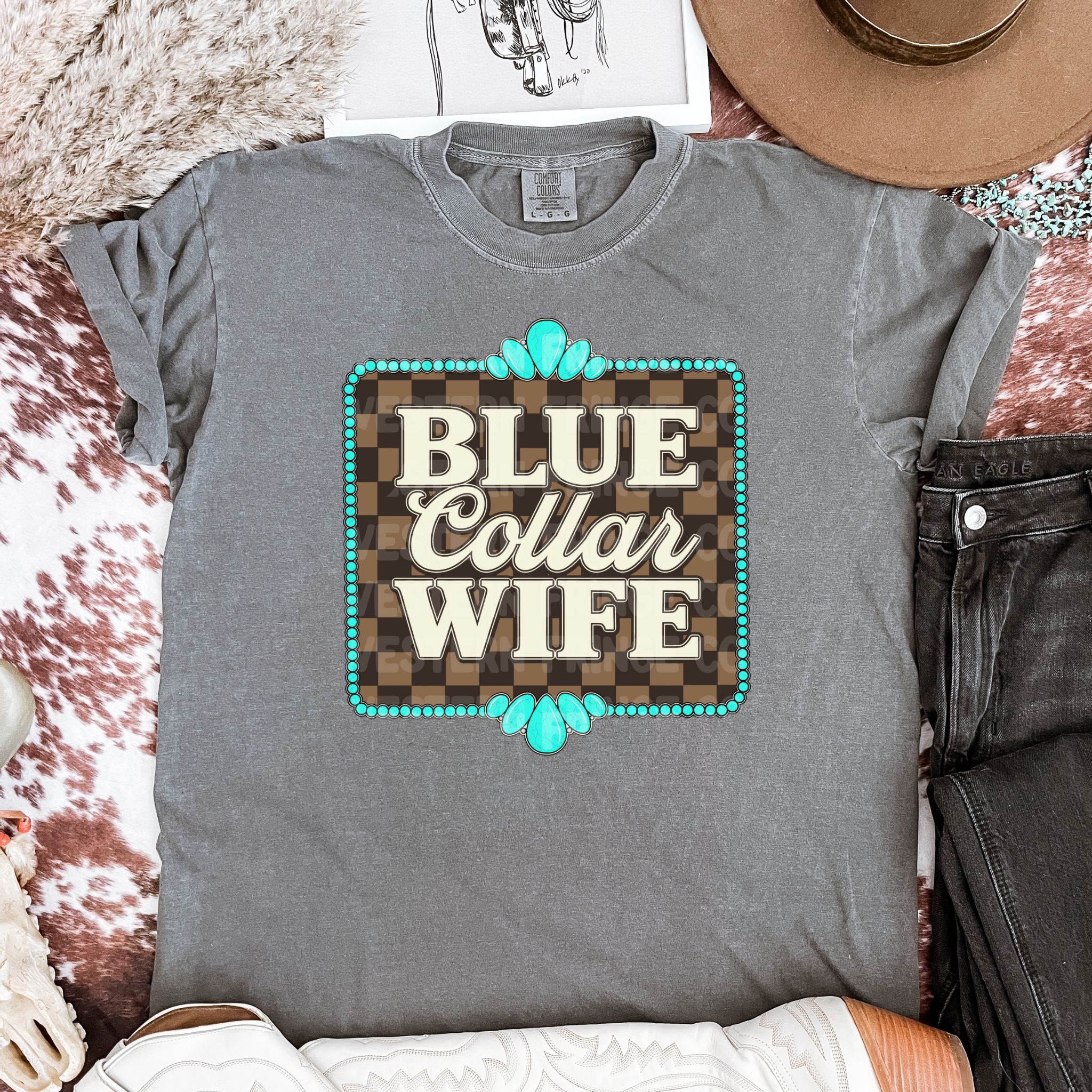 Blue Collar Wife Graphic T-Shirt | Crewneck | Checkered Print