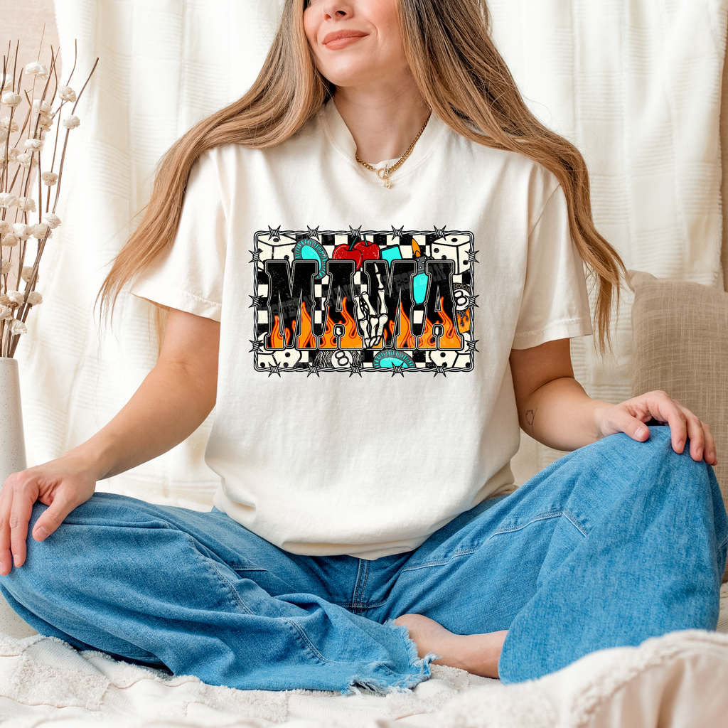 Western Checkered Flame Mama Graphic T-Shirt | Crewneck