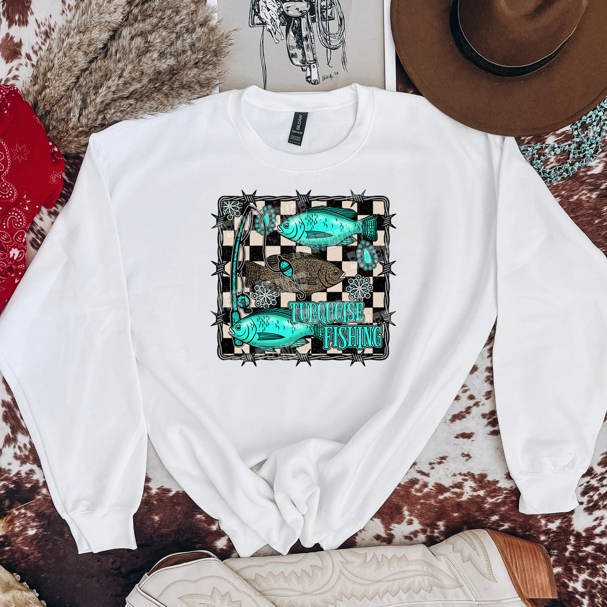 Turquoise Fishing Graphic T-Shirt | Crewneck