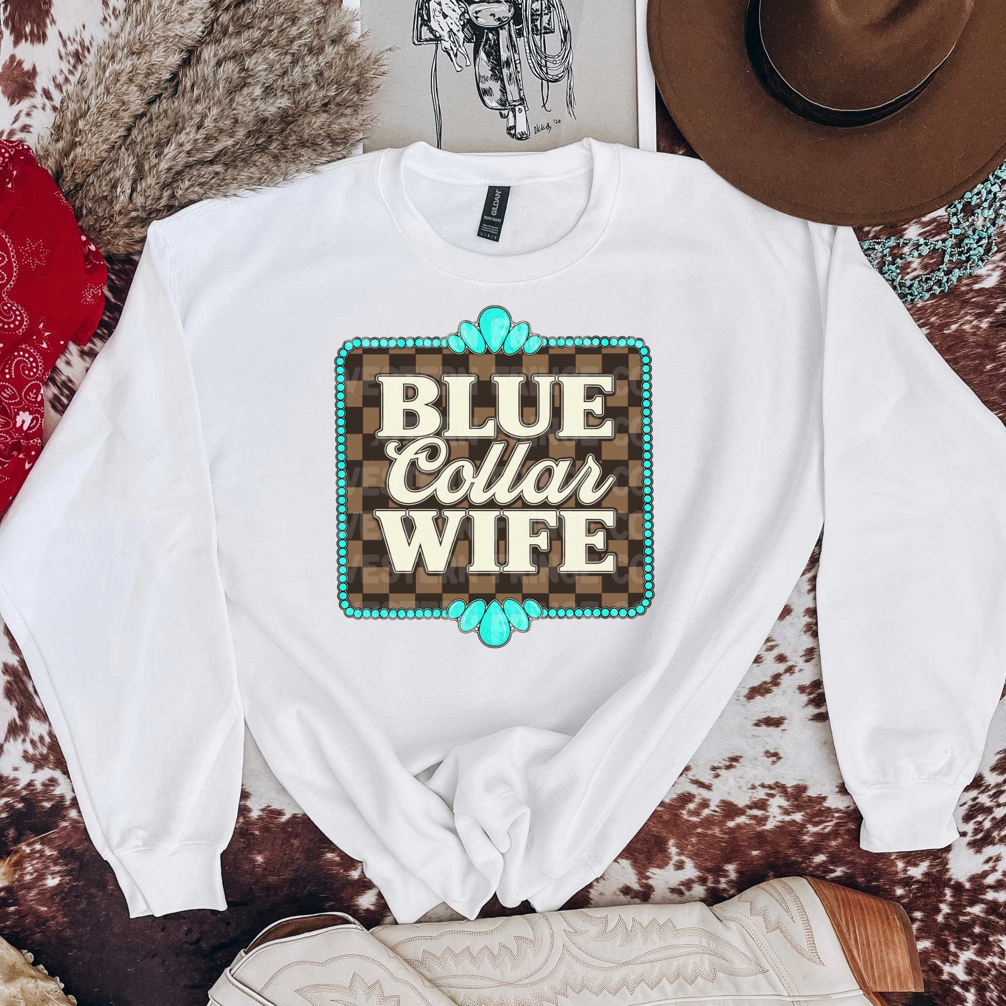 Blue Collar Wife Graphic T-Shirt | Crewneck | Checkered Print