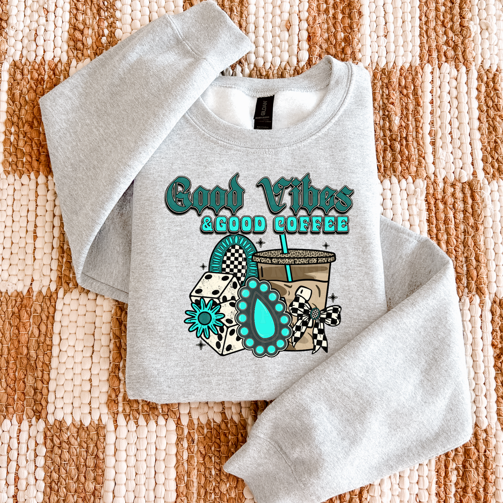 Good Vibes And Good Coffee Graphic T-Shirt | Crewneck | Turquoise Version