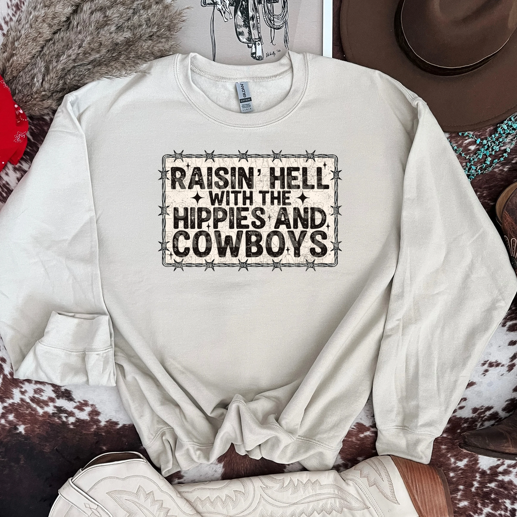 Raisin’ Hell With The Hippies And Cowboys Graphic T-Shirt | Crewneck