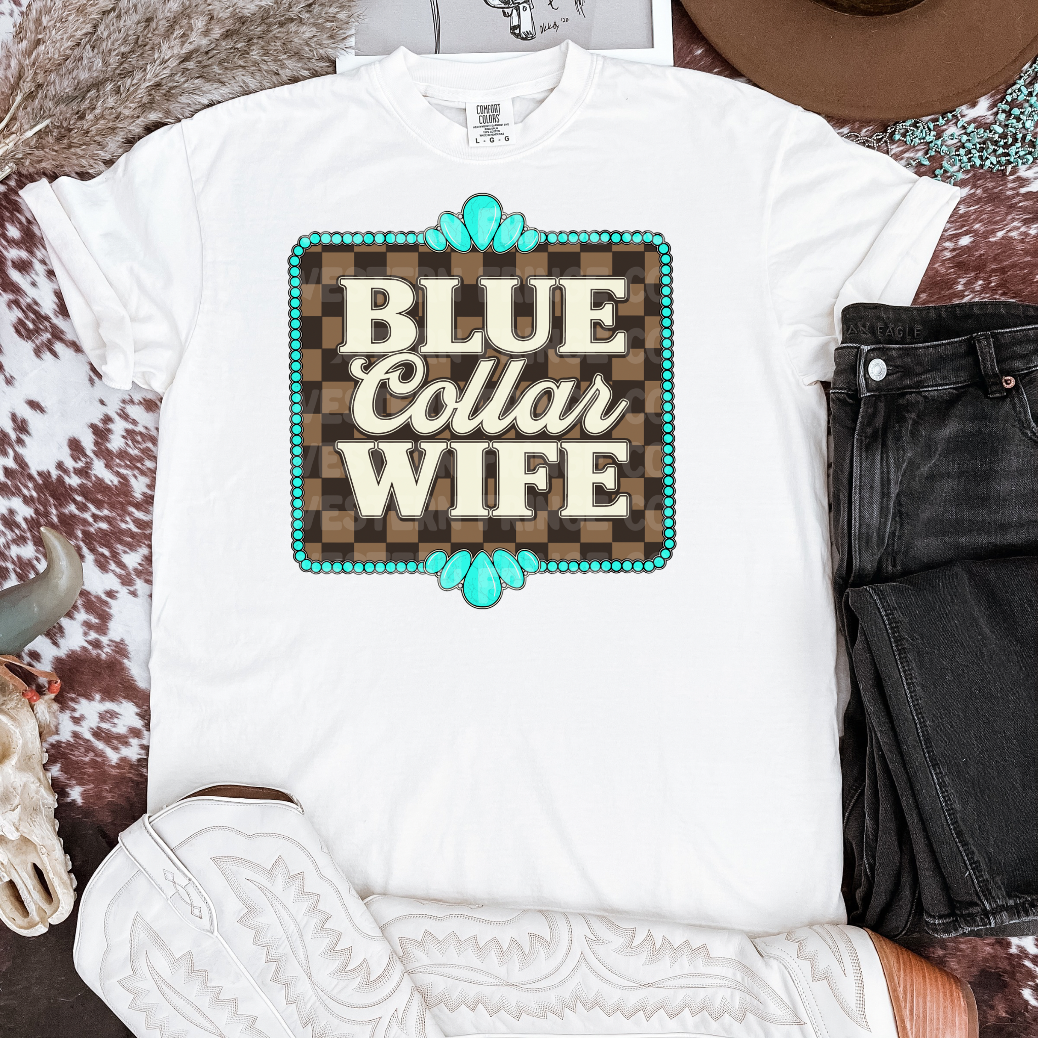 Blue Collar Wife Graphic T-Shirt | Crewneck | Checkered Print