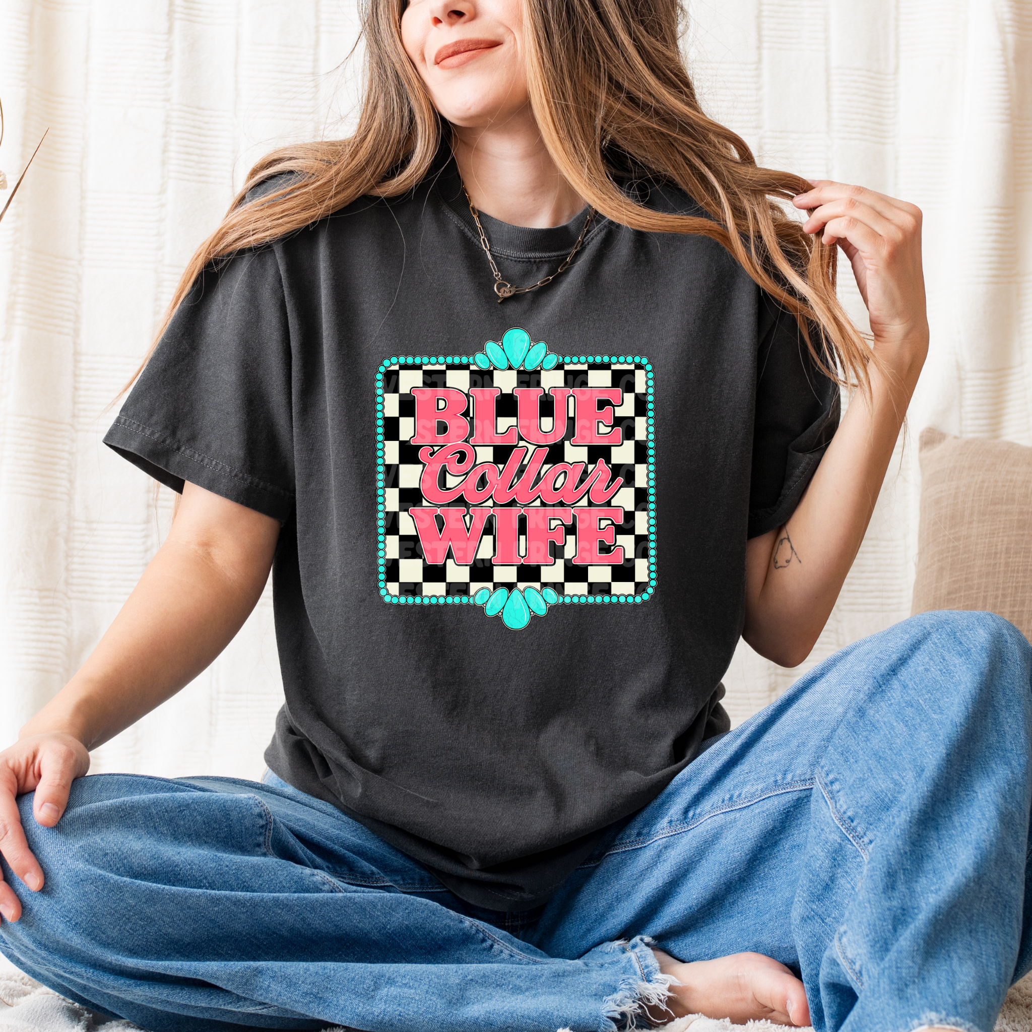 Blue Collar Wife Graphic T-Shirt | Crewneck | Checkered Print