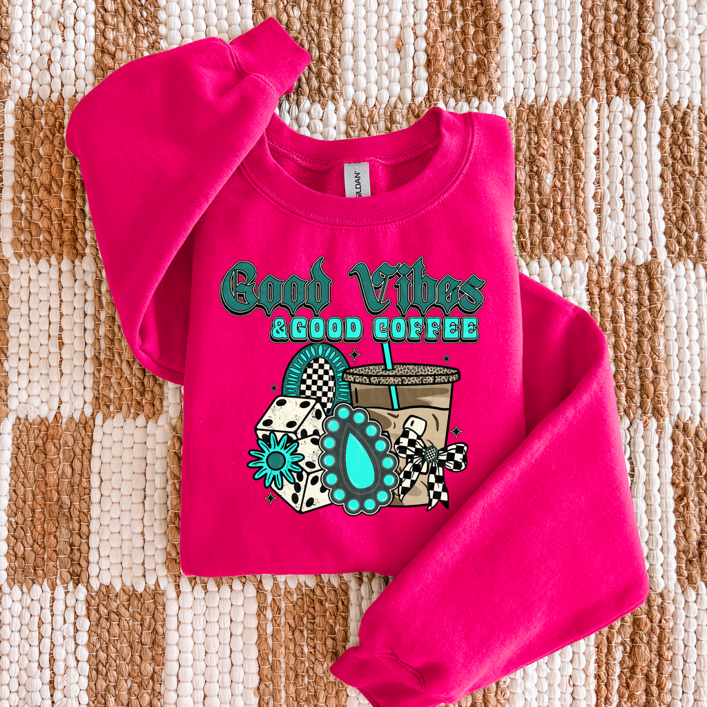 Good Vibes And Good Coffee Graphic T-Shirt | Crewneck | Turquoise Version