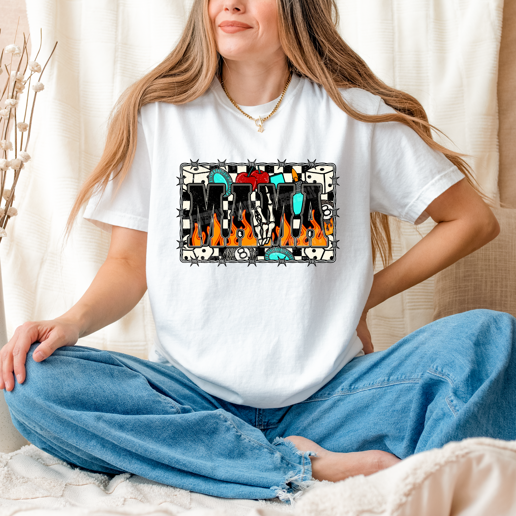 Western Checkered Flame Mama Graphic T-Shirt | Crewneck