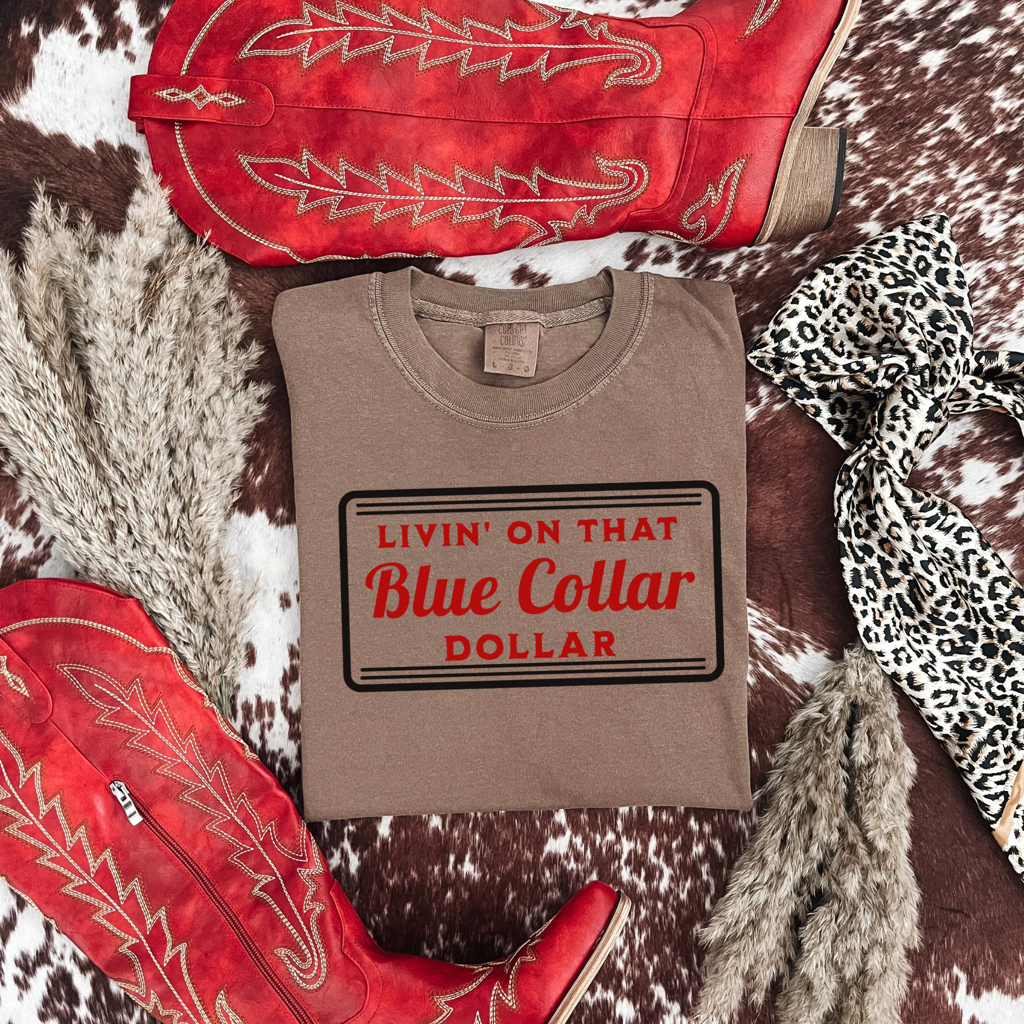 Livin' On That Blue Collar Dollar Graphic T-Shirt | Crewneck | Red Version