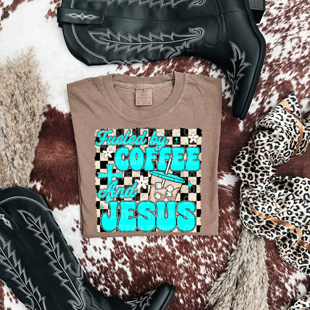 Fueled By Iced Coffee & Jesus Graphic T-Shirt | Crewneck | Turquoise Version