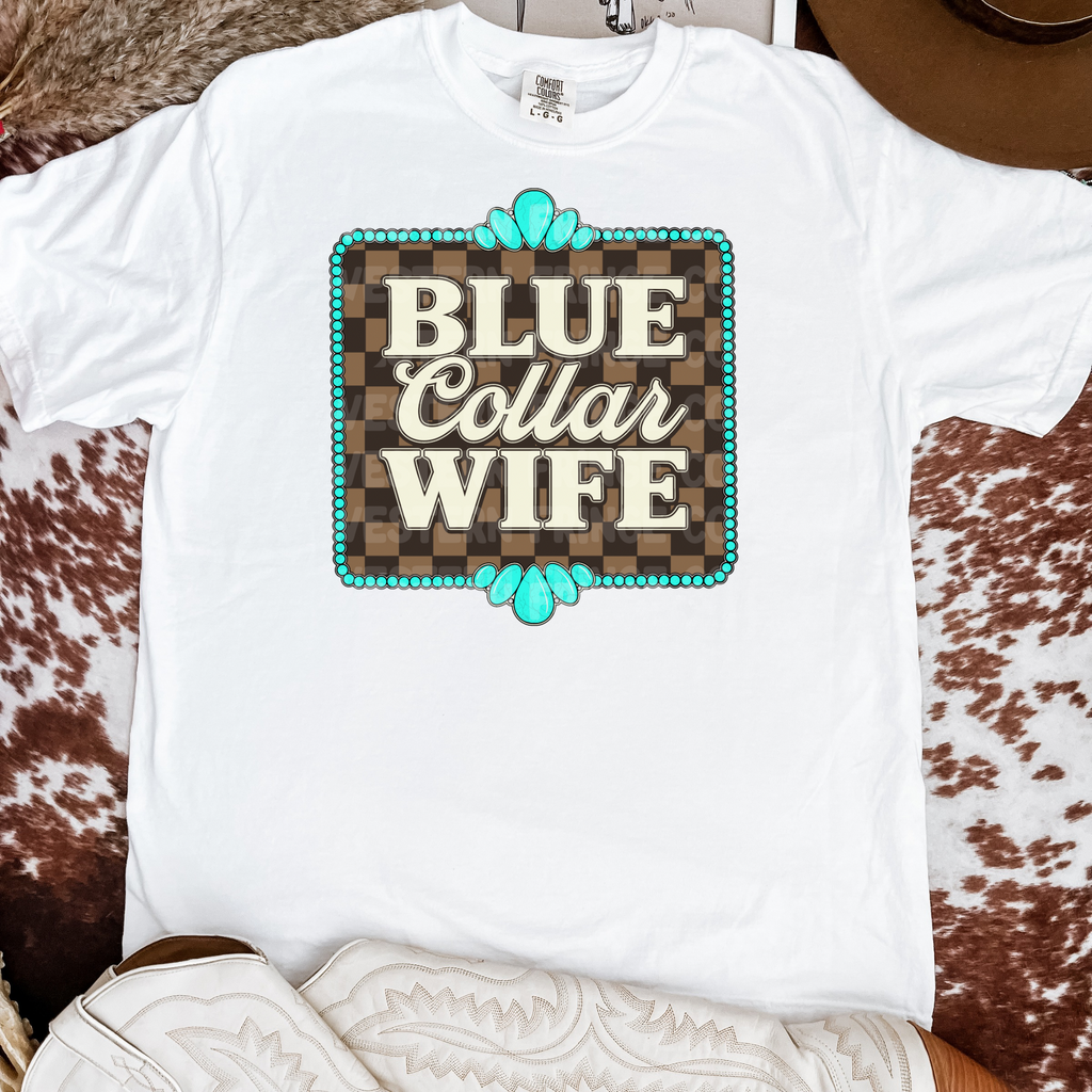 Blue Collar Wife Graphic T-Shirt | Crewneck | Checkered Print