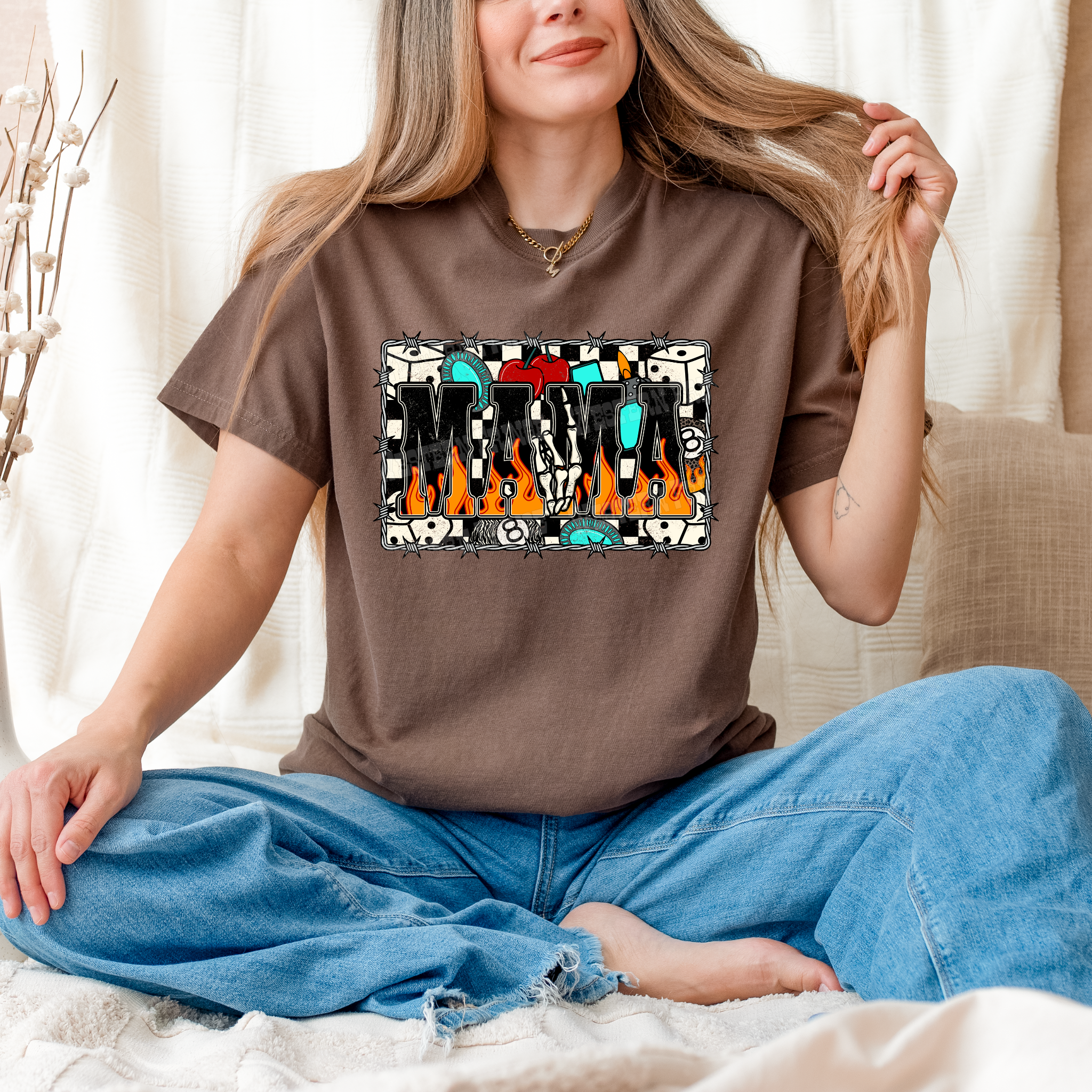 Western Checkered Flame Mama Graphic T-Shirt | Crewneck