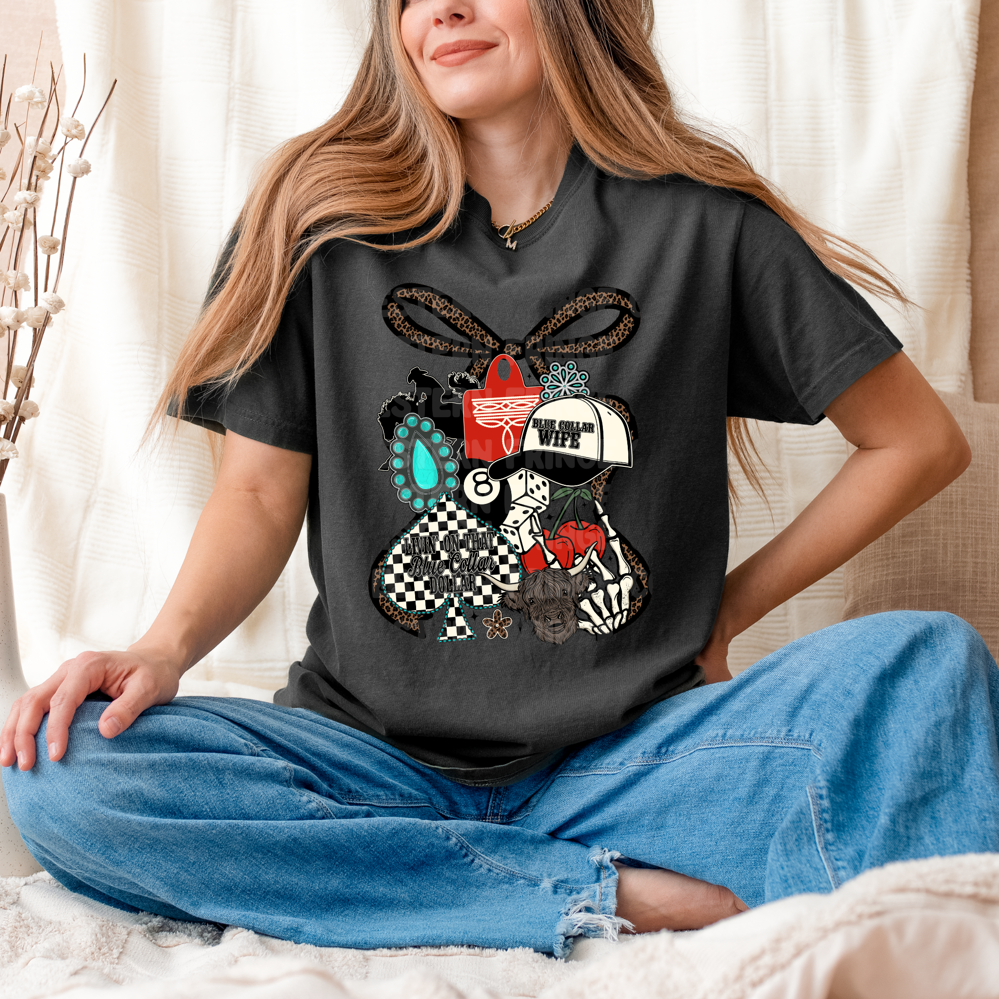 Retro Blue Collar Collage Graphic T-Shirt | Crewneck | Livin' On That Blue Collar Dollar | Blue Collar Wife