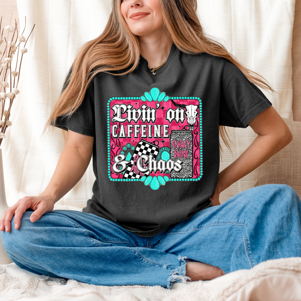 Livin' On Caffeine & Chaos Graphic T-Shirt | Caffeine & Chaos Crewneck