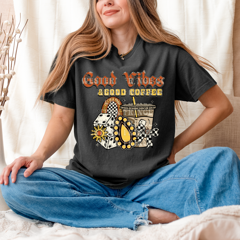 Retro Good Vibes & Good Coffee T- Shirt Graphic T-Shirt | Good Vibes & Good Coffee Crewneck