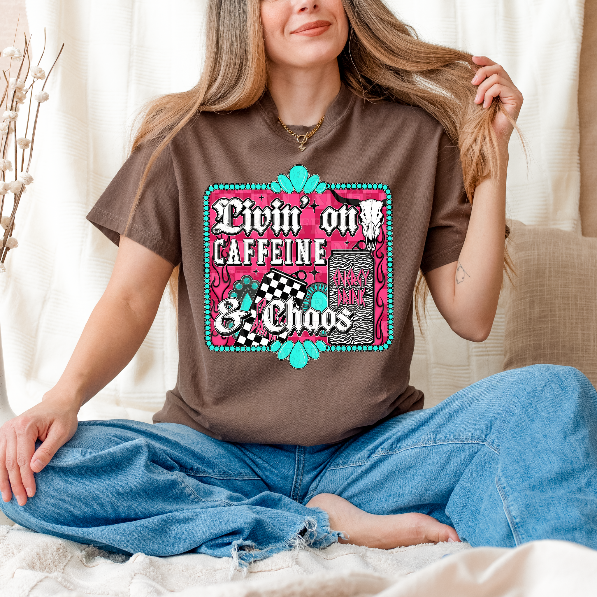 Livin' On Caffeine & Chaos Graphic T-Shirt | Caffeine & Chaos Crewneck