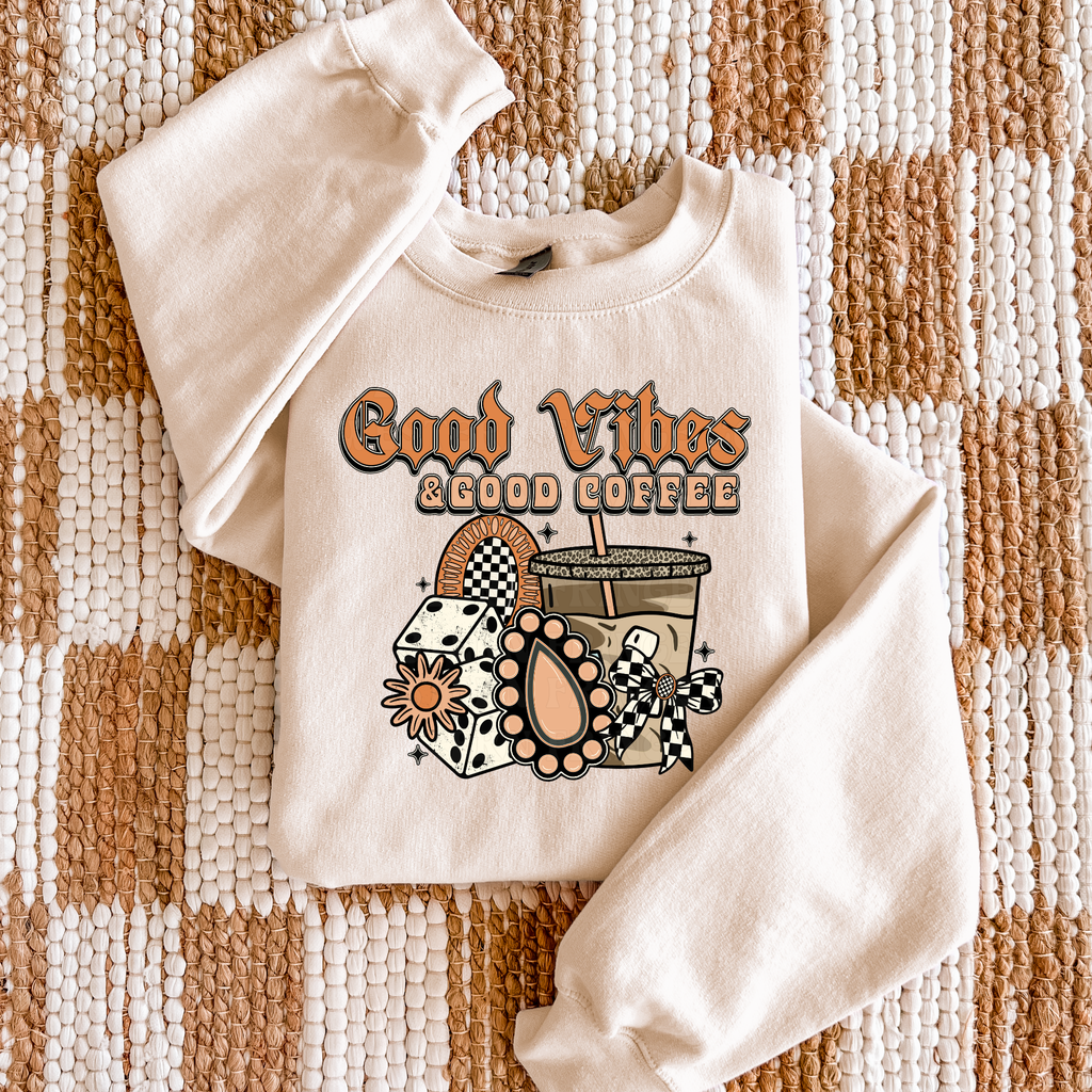 Good Vibes And Good Coffee Graphic T-Shirt | Crewneck | Peach Version