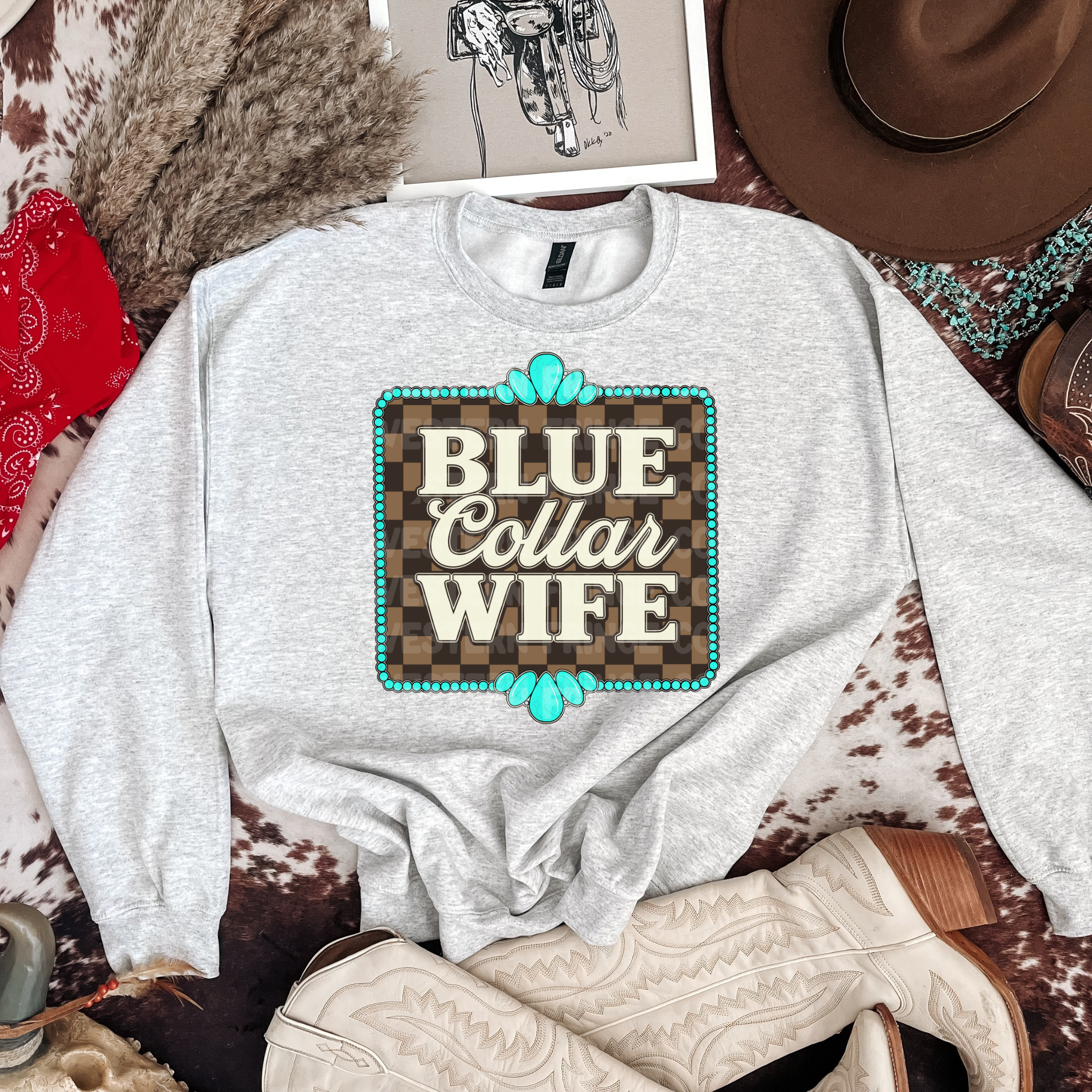 Blue Collar Wife Graphic T-Shirt | Crewneck | Checkered Print