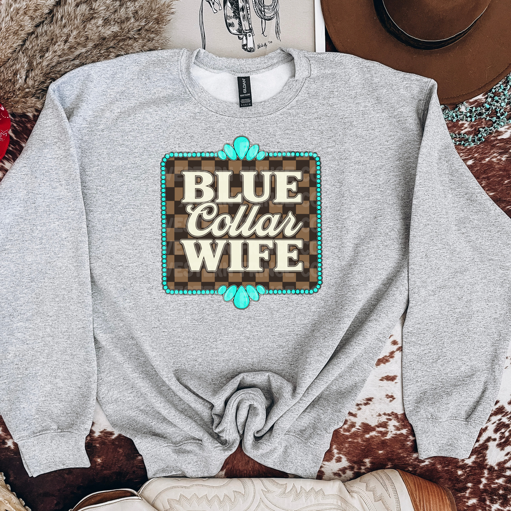 Blue Collar Wife Graphic T-Shirt | Crewneck | Checkered Print