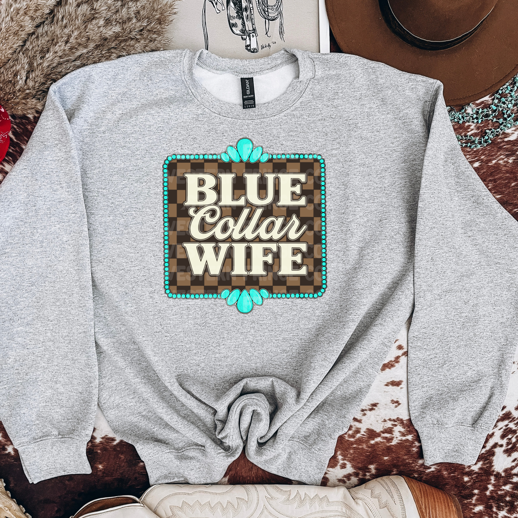 Blue Collar Wife Graphic T-Shirt | Crewneck | Checkered Print