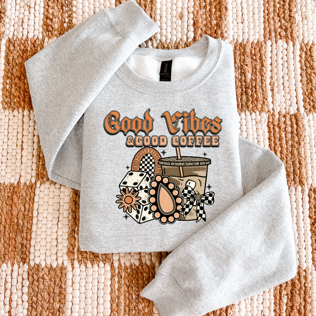 Good Vibes And Good Coffee Graphic T-Shirt | Crewneck | Peach Version