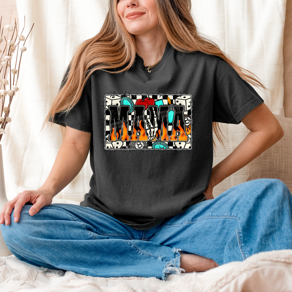 Western Checkered Flame Mama Graphic T-Shirt | Crewneck
