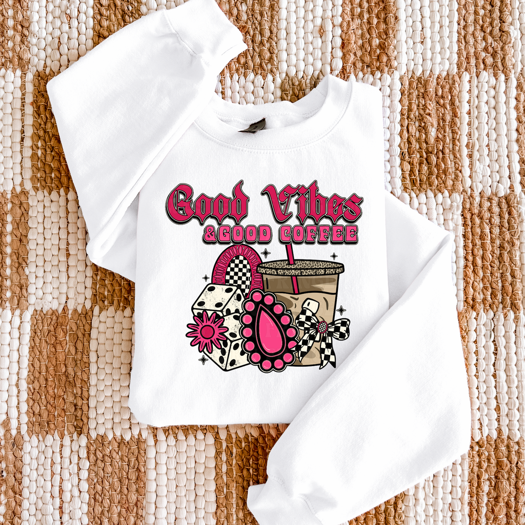 Good Vibes And Good Coffee Graphic T-Shirt | Crewneck | Hot Pink Version