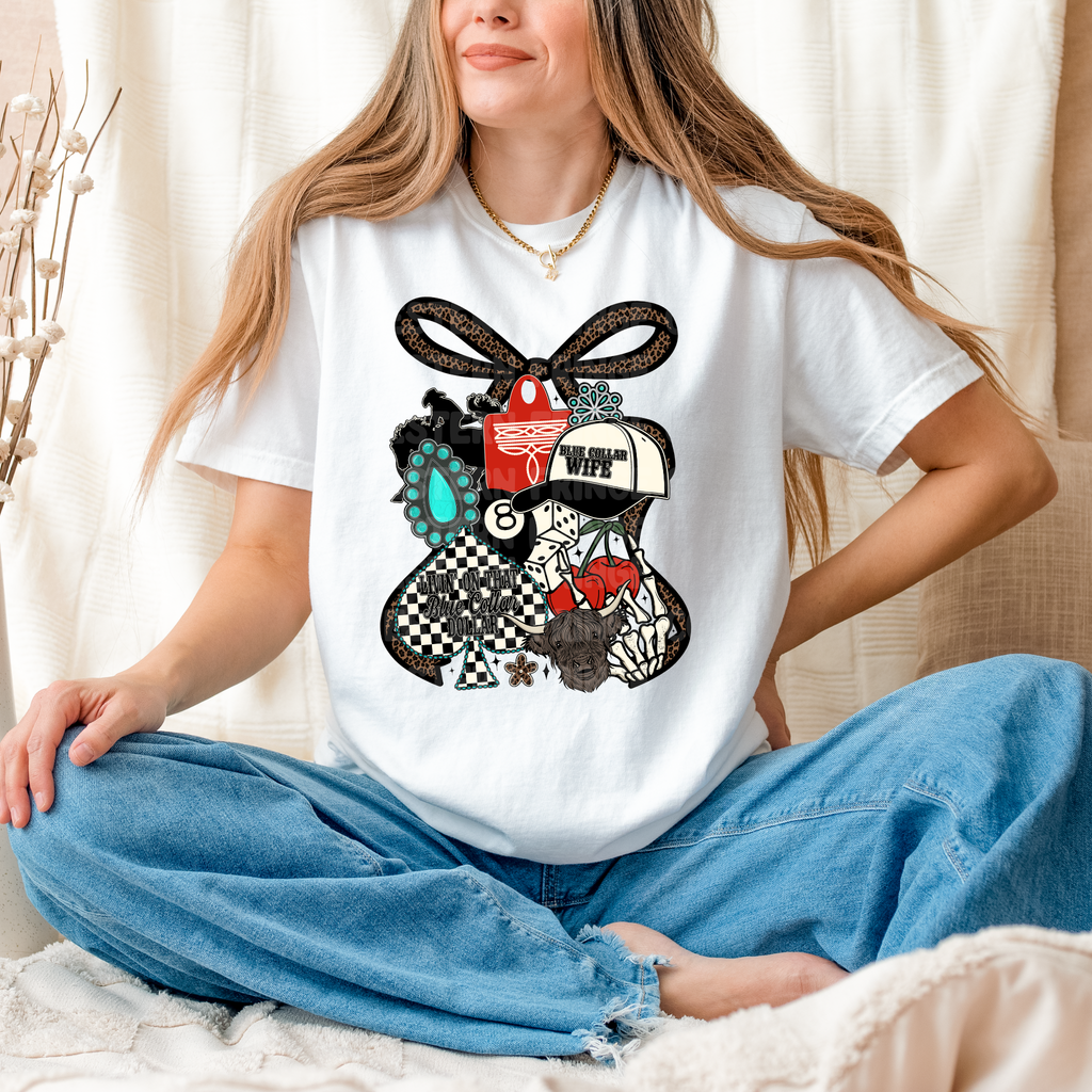 Retro Blue Collar Collage Graphic T-Shirt | Crewneck | Livin' On That Blue Collar Dollar | Blue Collar Wife