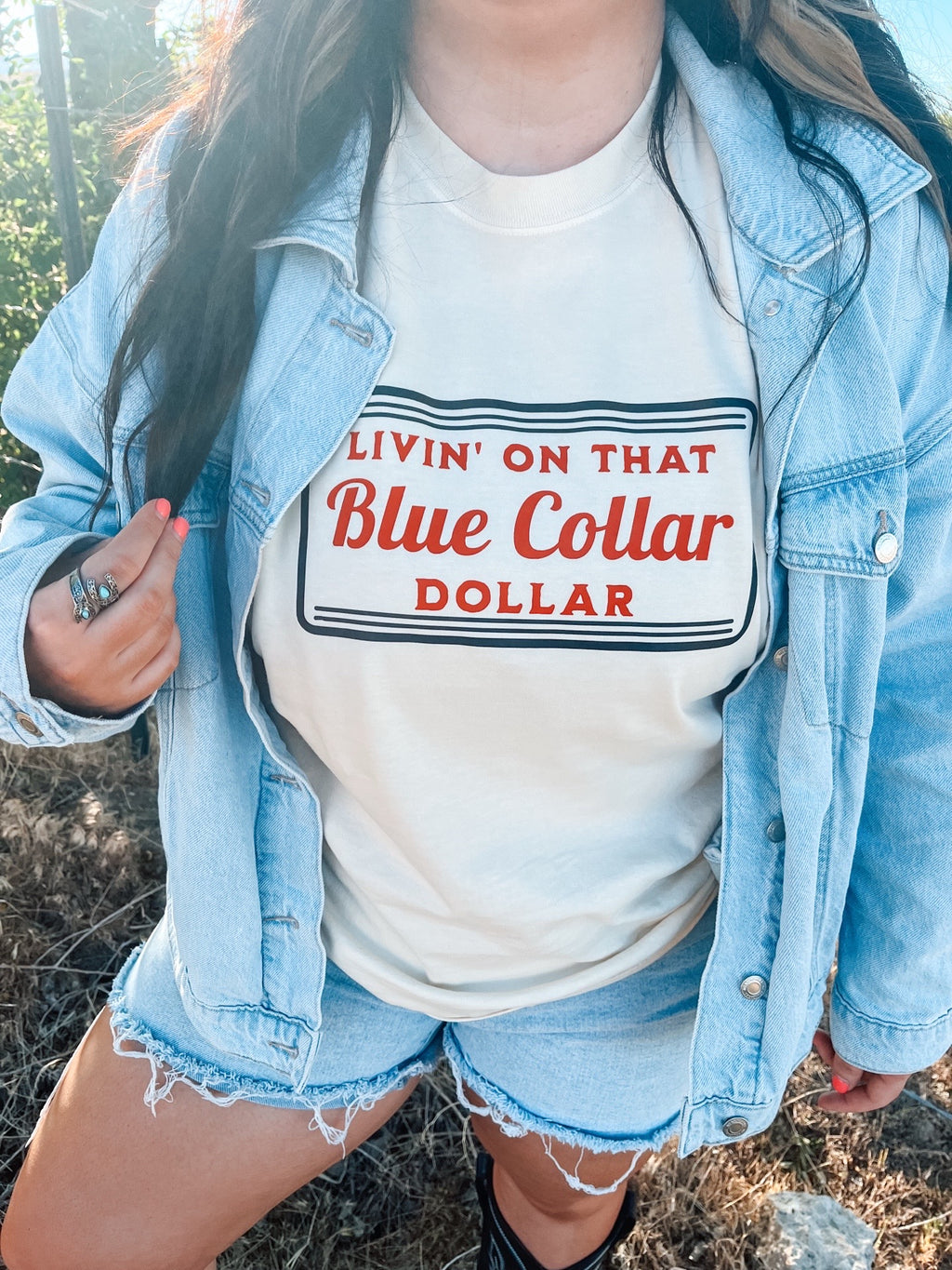 Livin' On That Blue Collar Dollar Graphic T-Shirt | Crewneck | Red Version