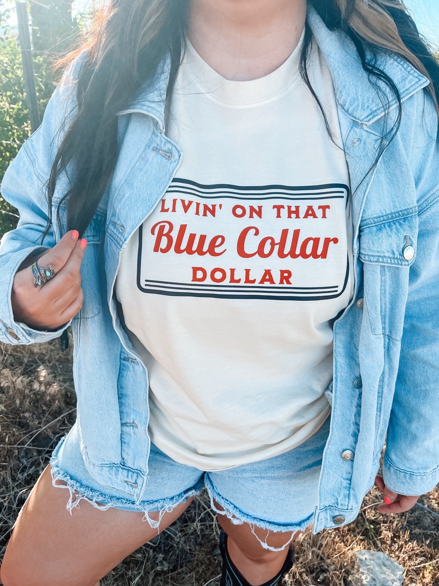 Livin' On That Blue Collar Dollar Graphic T-Shirt | Crewneck | Red Version