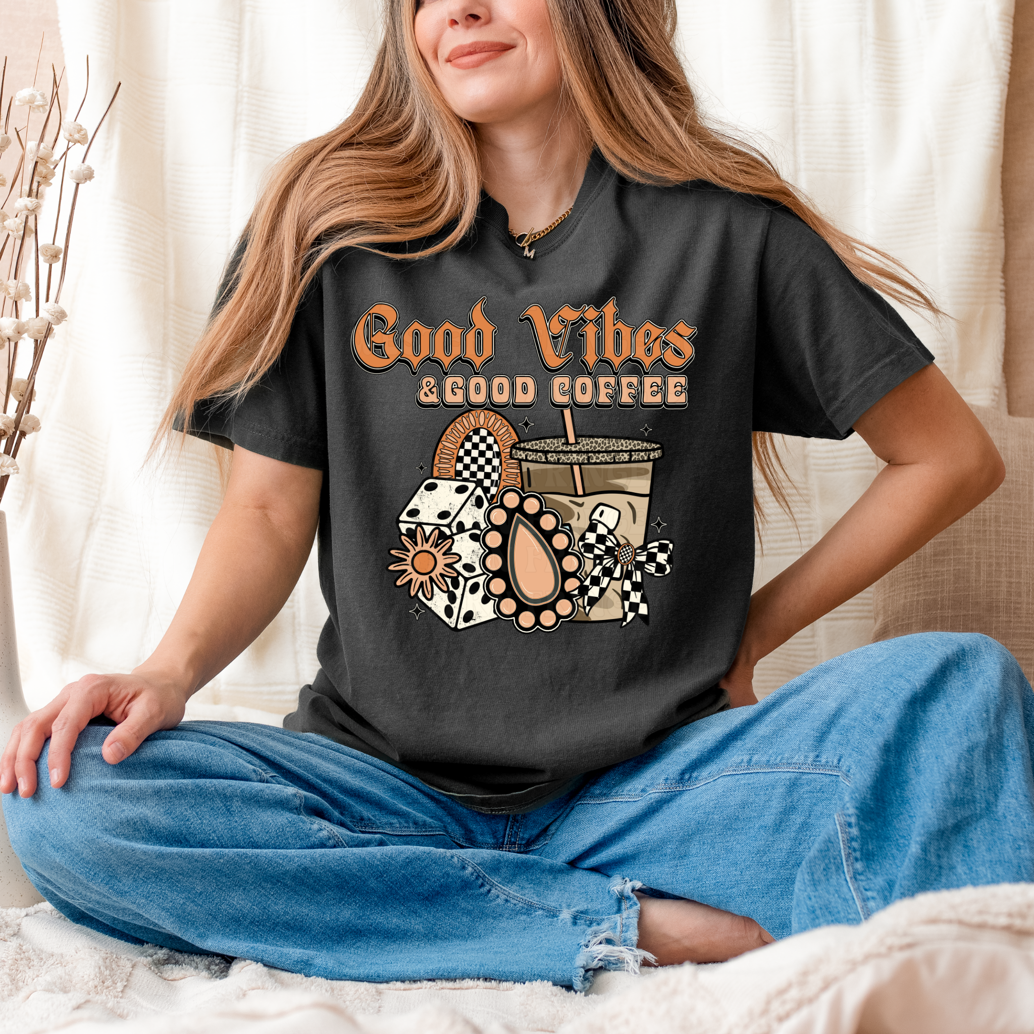 Good Vibes And Good Coffee Graphic T-Shirt | Crewneck | Peach Version