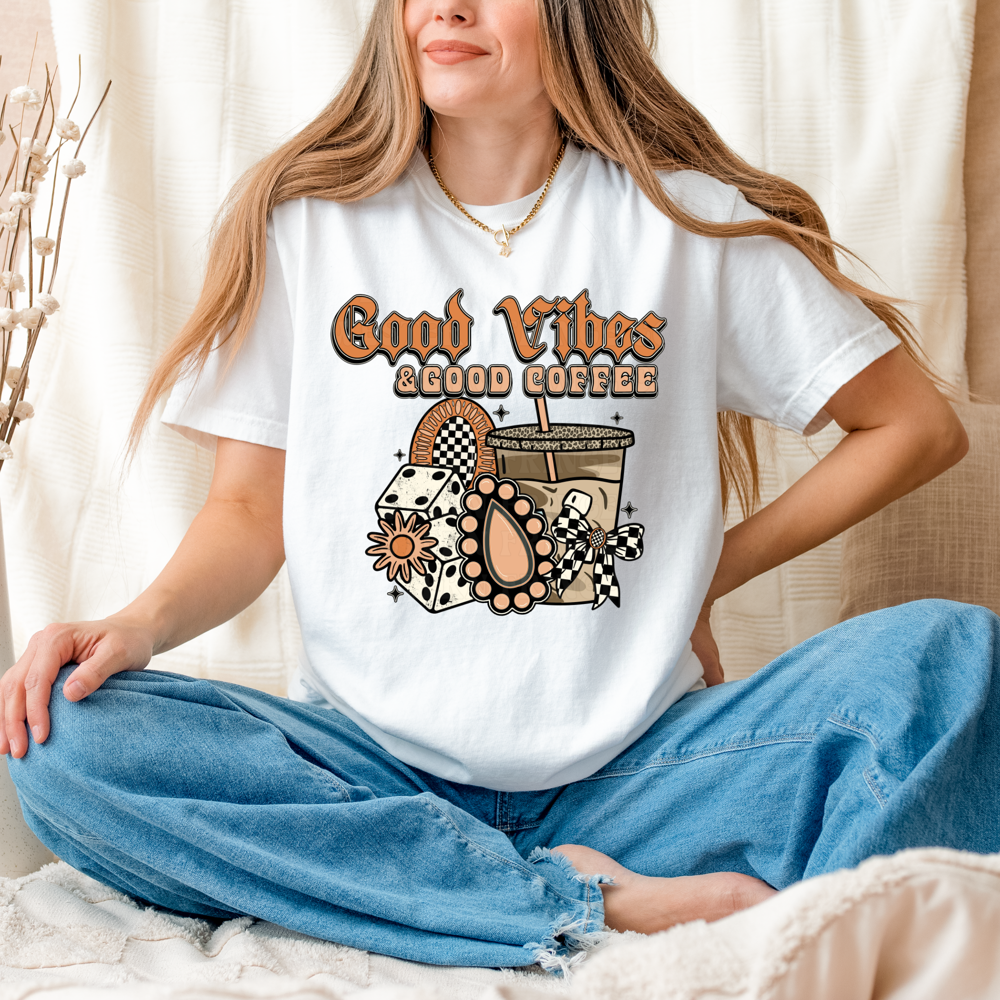Good Vibes And Good Coffee Graphic T-Shirt | Crewneck | Peach Version