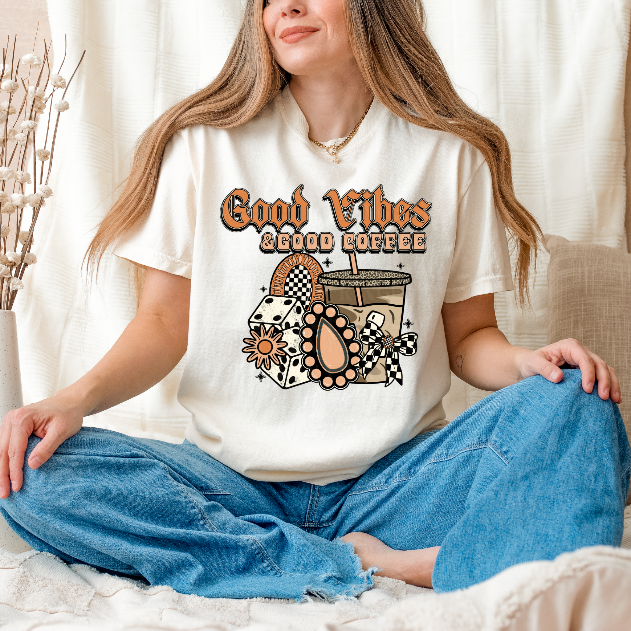 Good Vibes And Good Coffee Graphic T-Shirt | Crewneck | Peach Version