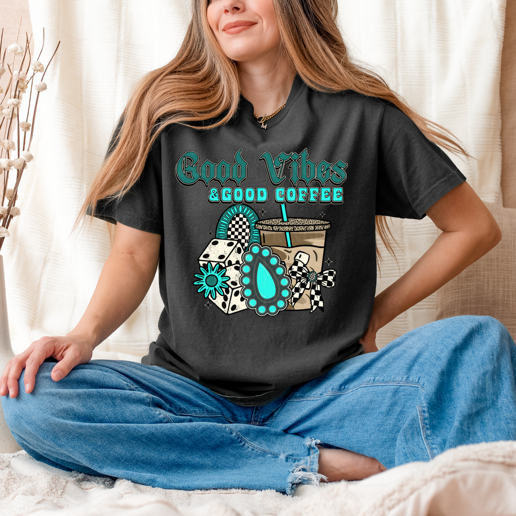 Good Vibes And Good Coffee Graphic T-Shirt | Crewneck | Turquoise Version