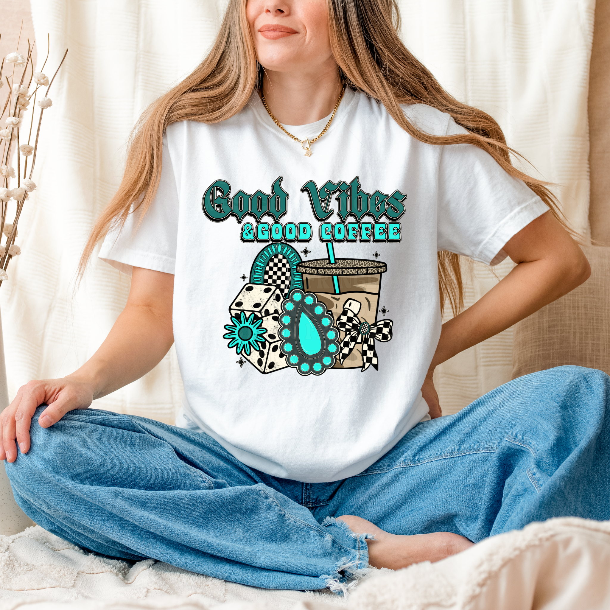 Good Vibes And Good Coffee Graphic T-Shirt | Crewneck | Turquoise Version
