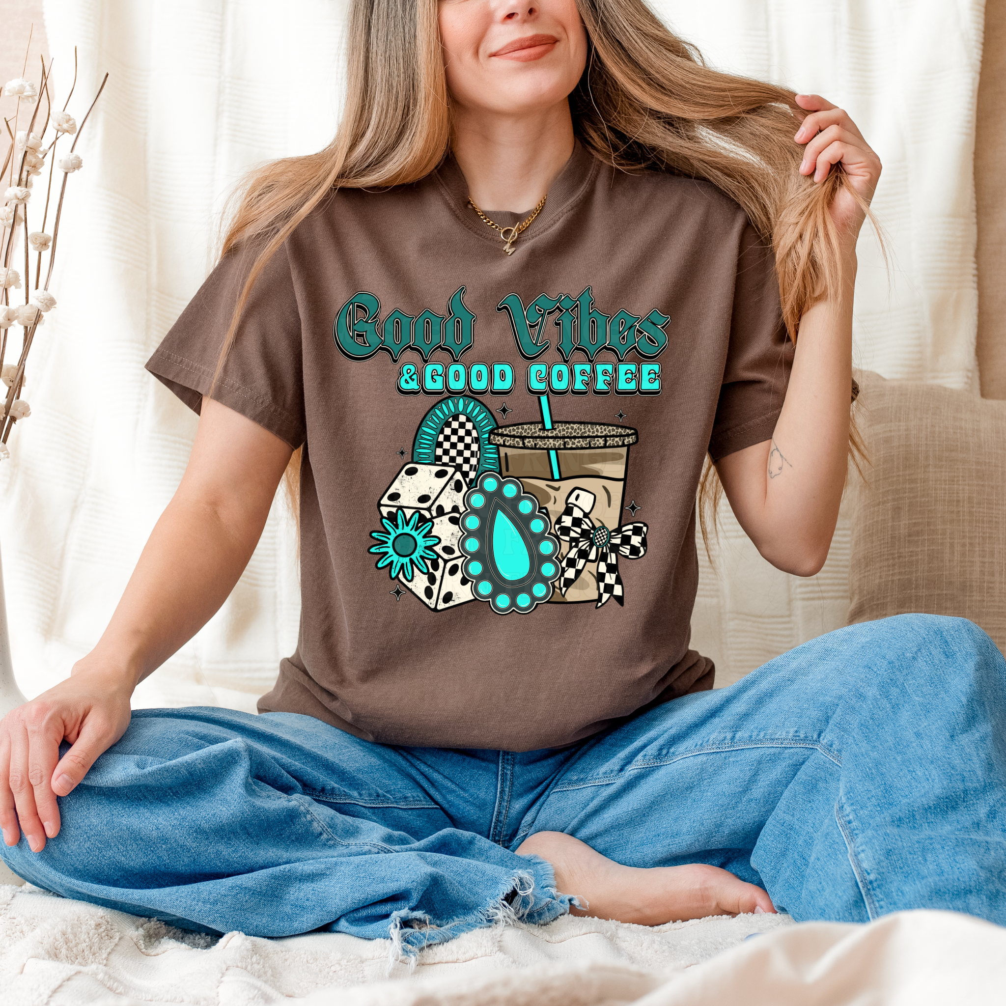 Good Vibes And Good Coffee Graphic T-Shirt | Crewneck | Turquoise Version