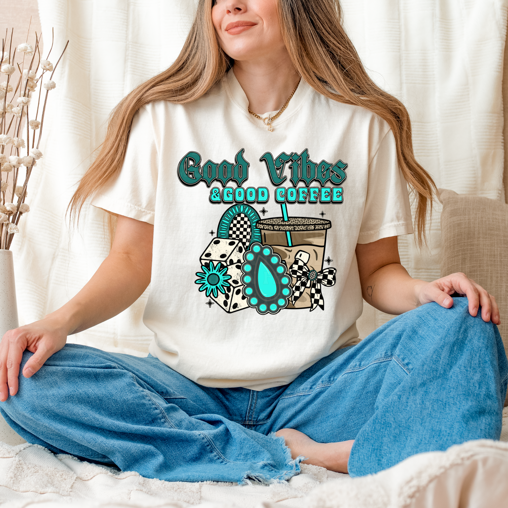 Good Vibes And Good Coffee Graphic T-Shirt | Crewneck | Turquoise Version
