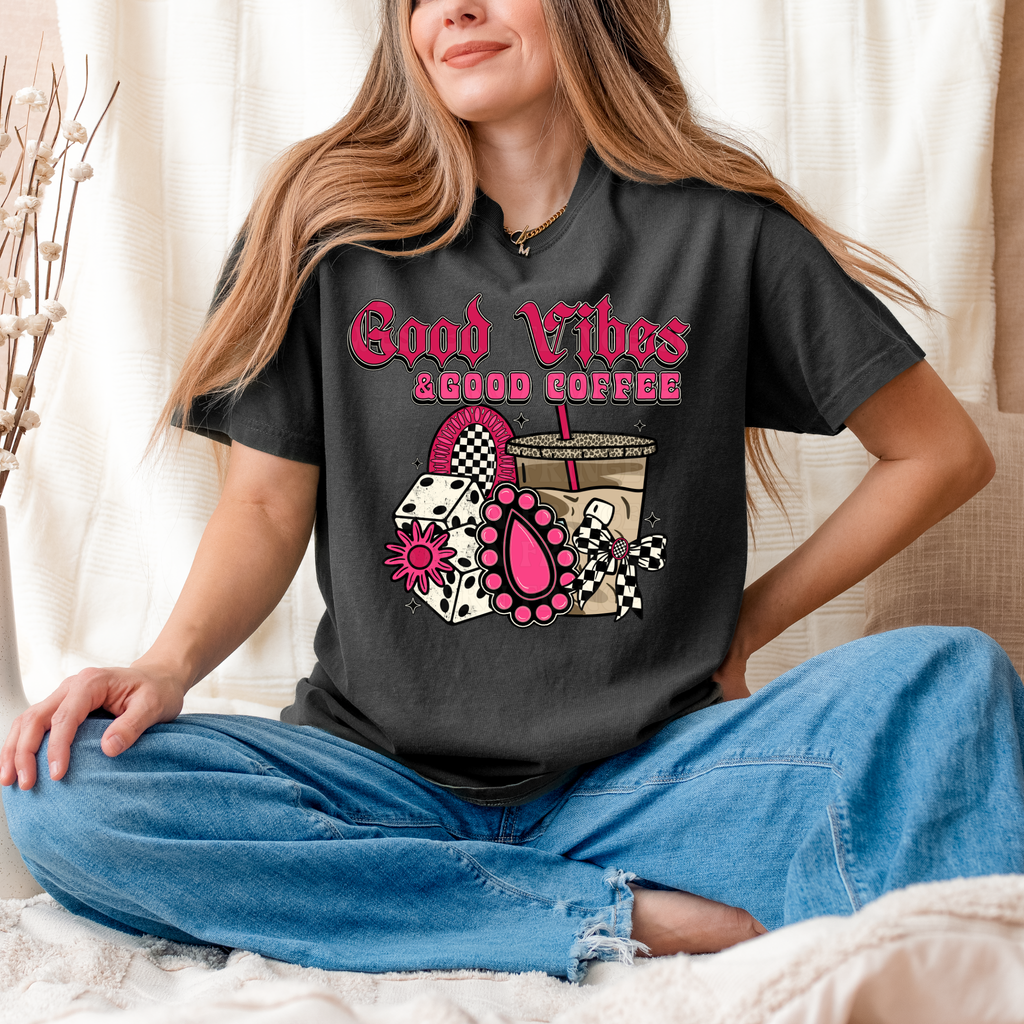 Good Vibes And Good Coffee Graphic T-Shirt | Crewneck | Hot Pink Version