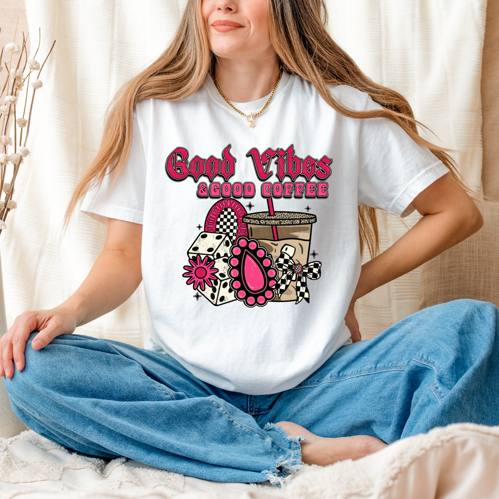 Good Vibes And Good Coffee Graphic T-Shirt | Crewneck | Hot Pink Version