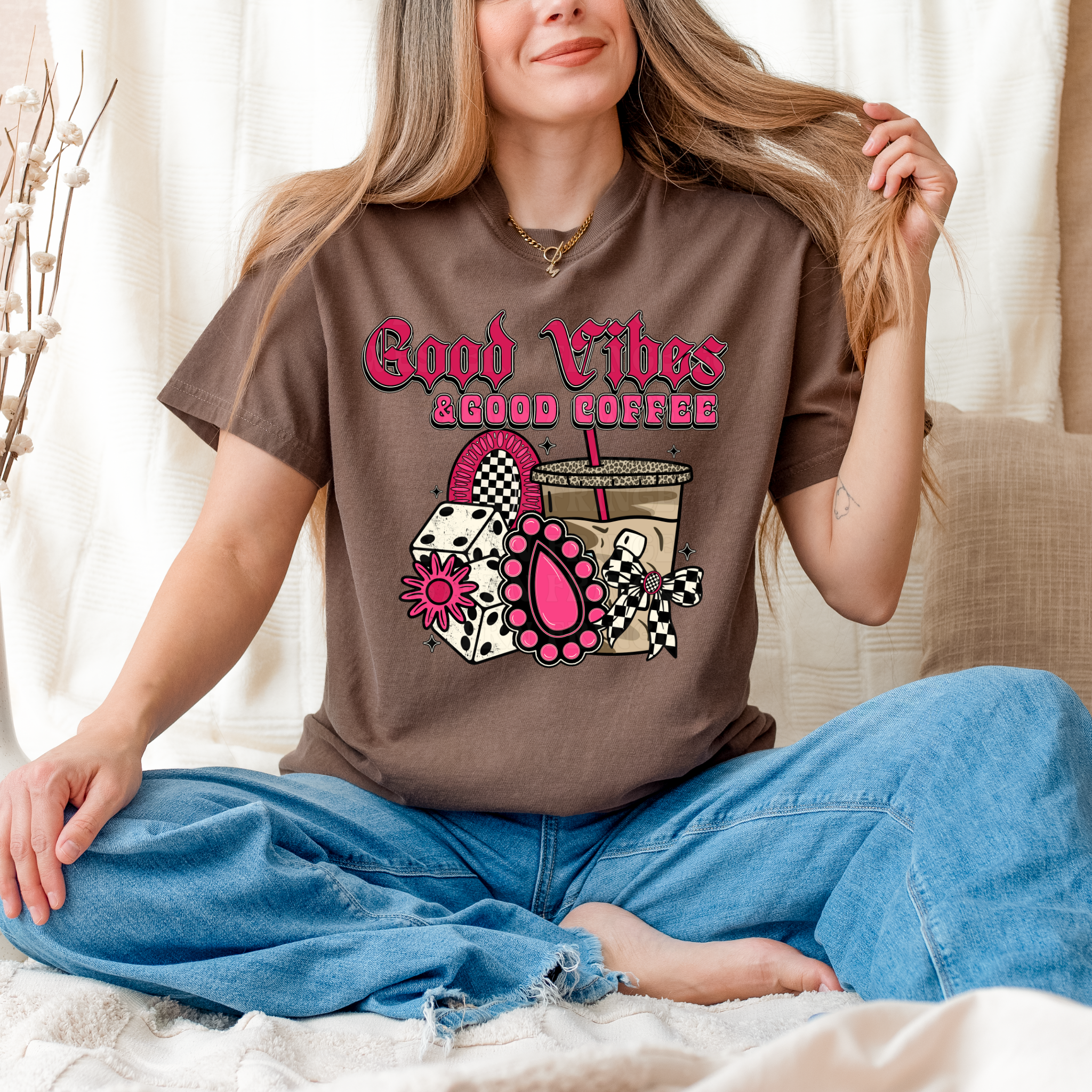 Good Vibes And Good Coffee Graphic T-Shirt | Crewneck | Hot Pink Version